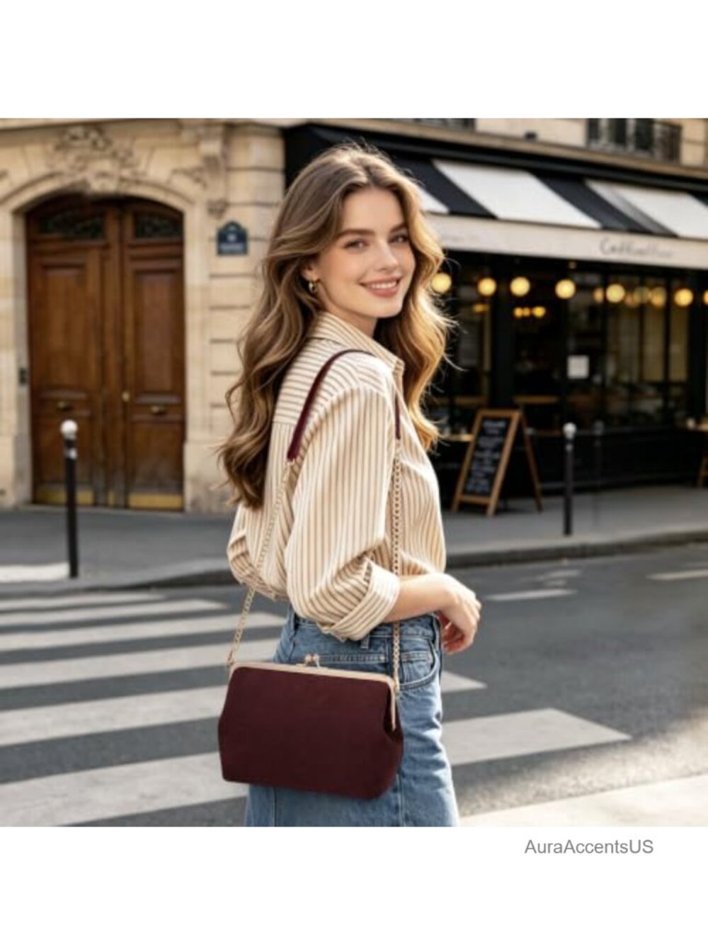 Kiss Lock Crossbody Bag - Suede Shoulder Purse with Detachable Strap - Picture 2 of 6